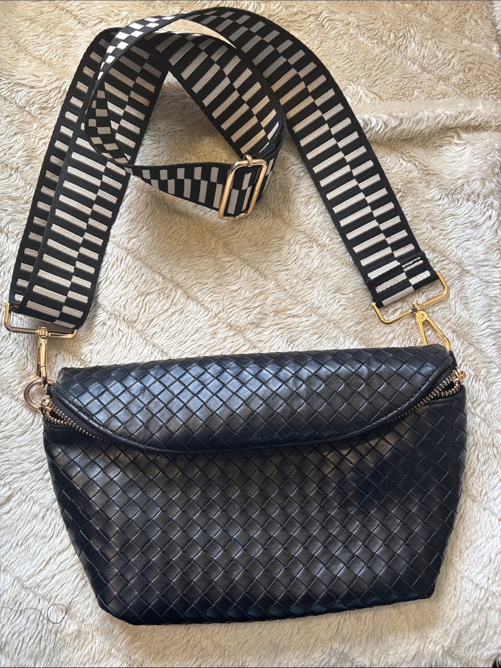 Woven Black Leather Crossbody with Striped Removable Strap